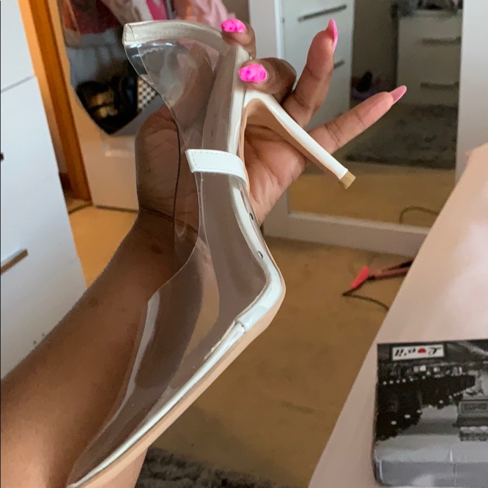 Clear heels with white soles